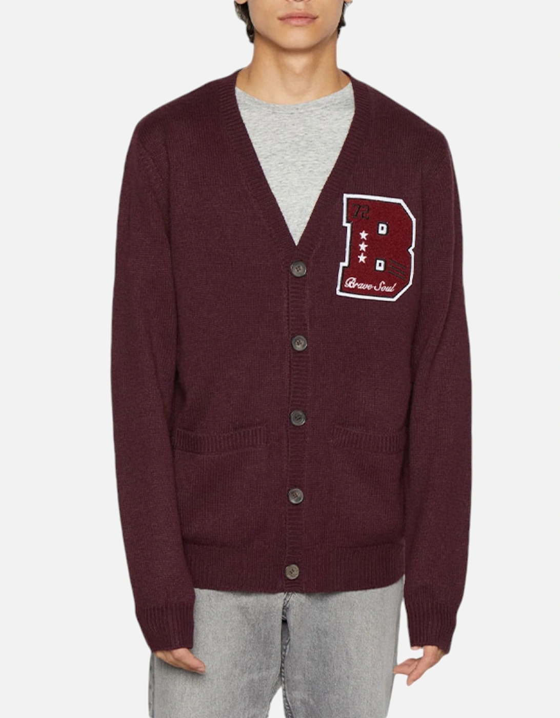 Men's BRAVE SOUL Mens Cardigan Long Sleeve Open Front Regular Knitted Warm Button Top - Deep Maroon - Size: L