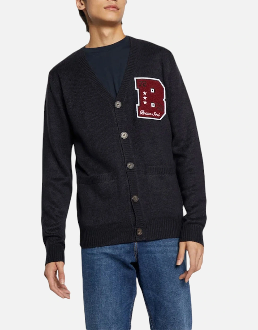 Men's BRAVE SOUL Mens Cardigan Long Sleeve Open Front Regular Knitted Warm Button Top - Navy - Size: M