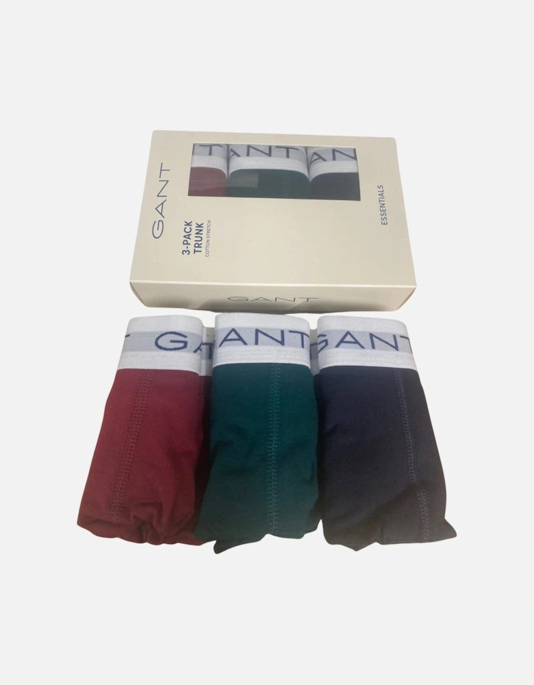 3-Pack White Waistband Boxer Trunks, Burgundy/Green/Navy