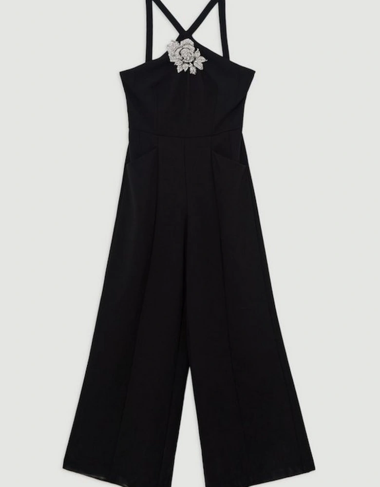 Compact Stretch Viscose Crystal Embellished Rosette Wide Leg Tailored Jumpsuit