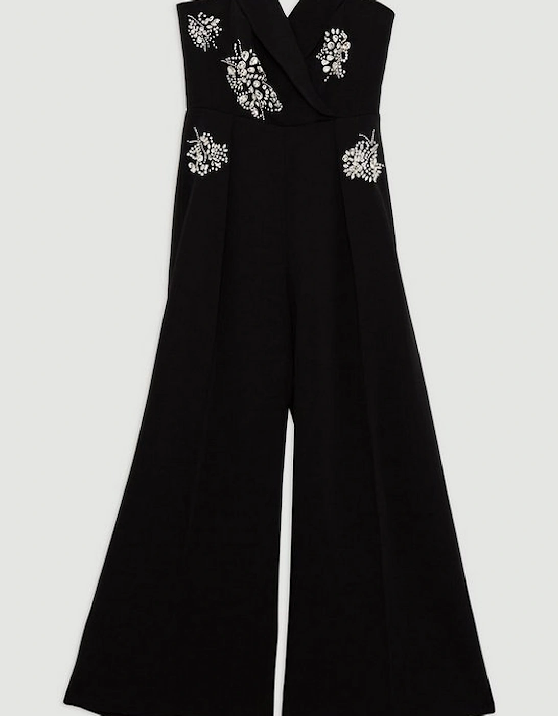 Crystal Embellished Bandeau Wrap Tailored Wide Leg Contrast Jumpsuit