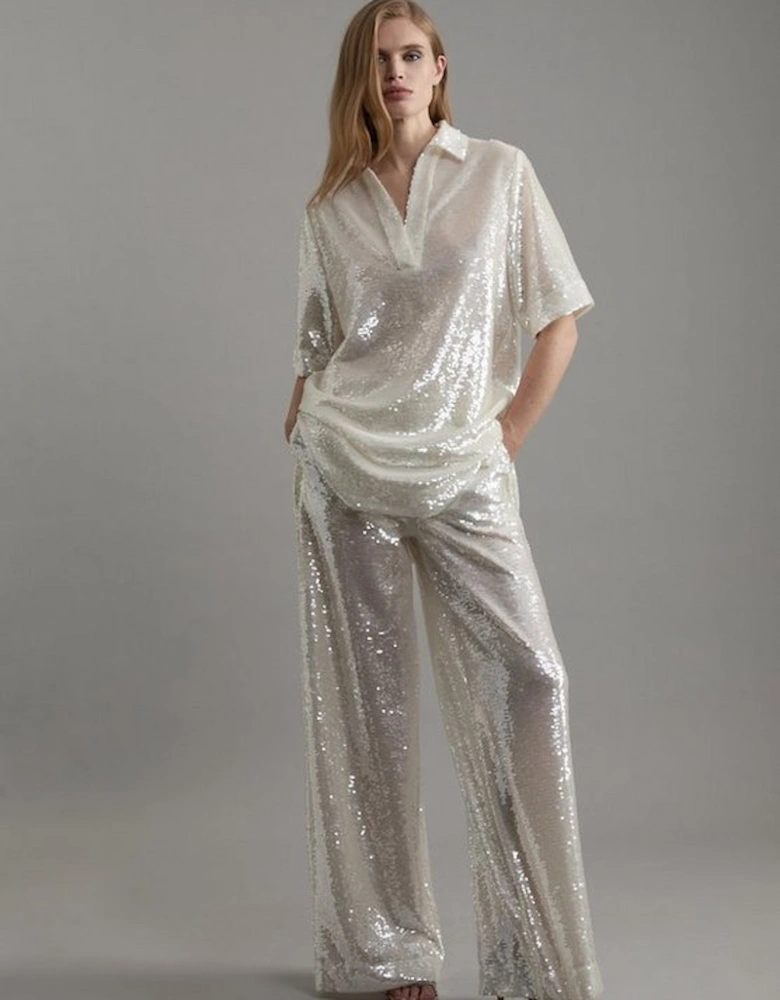 Sequin Woven Wide Leg Trouser