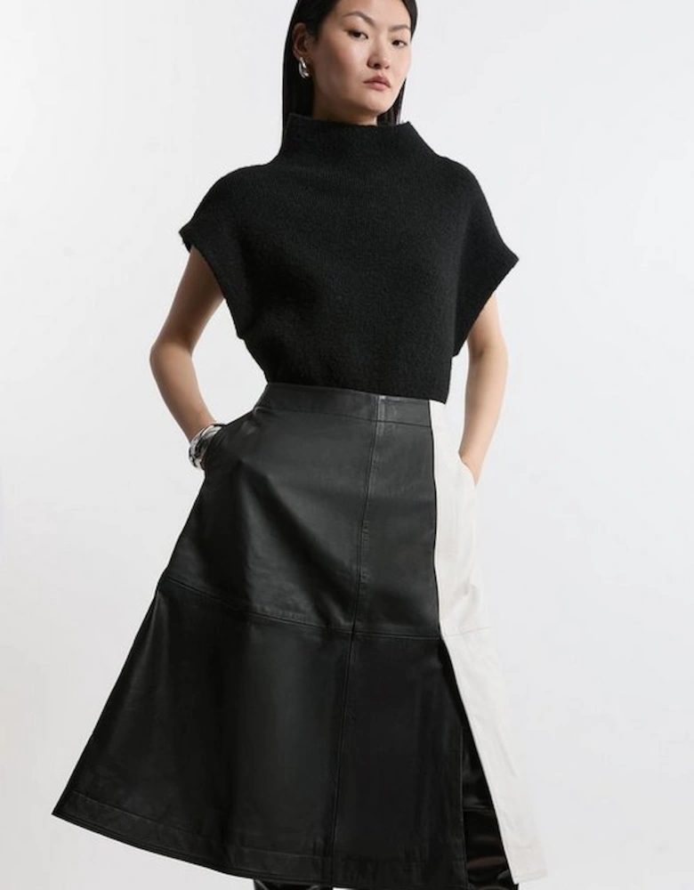 Leather Colourblock Midi A-Line Skirt