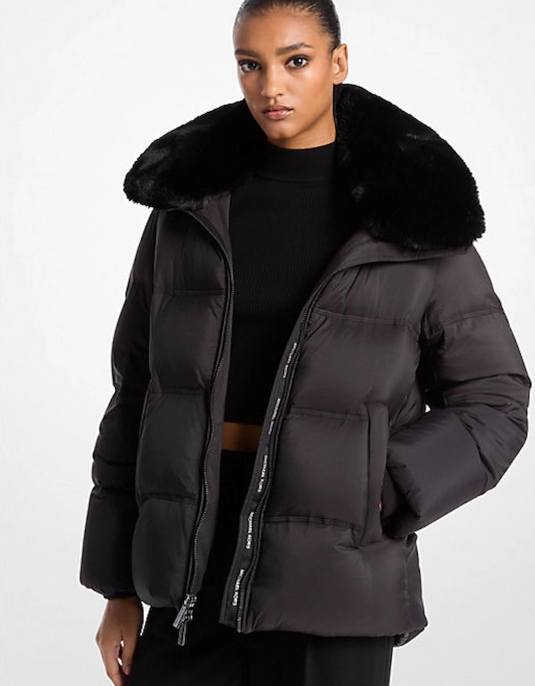 Quilted Puffer Jacket With Faux Fur Collar