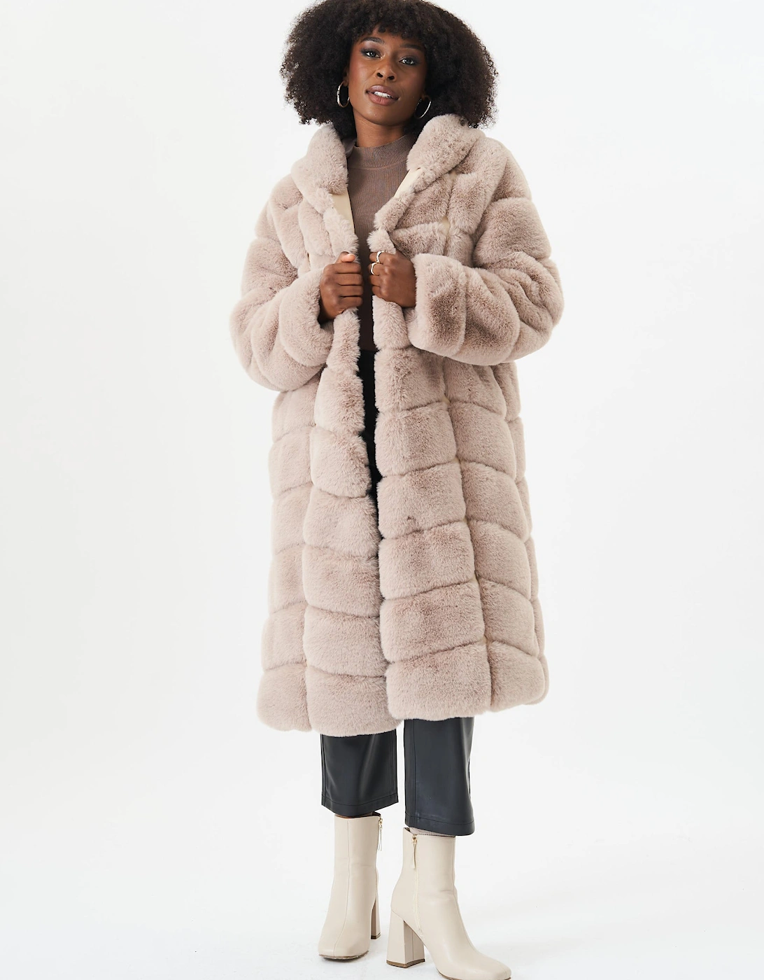 Gini London Women's Stone Panelled Hooded Longline Fur Coat - Tan - Size: 10/12