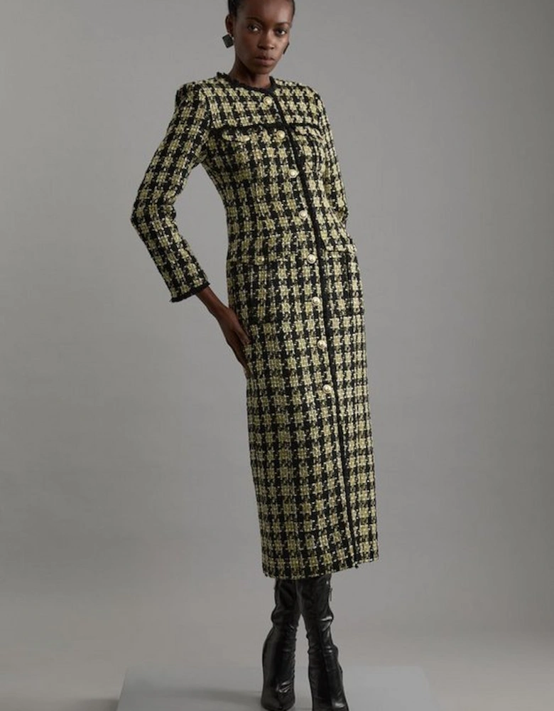 Wool Mix Check Boucle Tailored Midi Dress