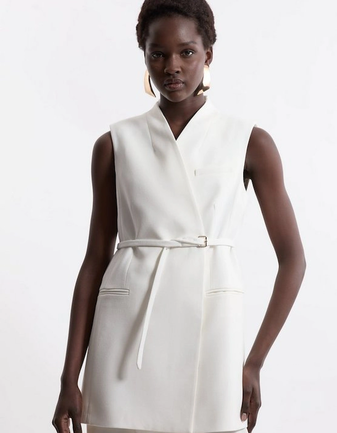 Structured Crepe Tailored Collarless Belted Sleeveless Blazer, 5 of 4