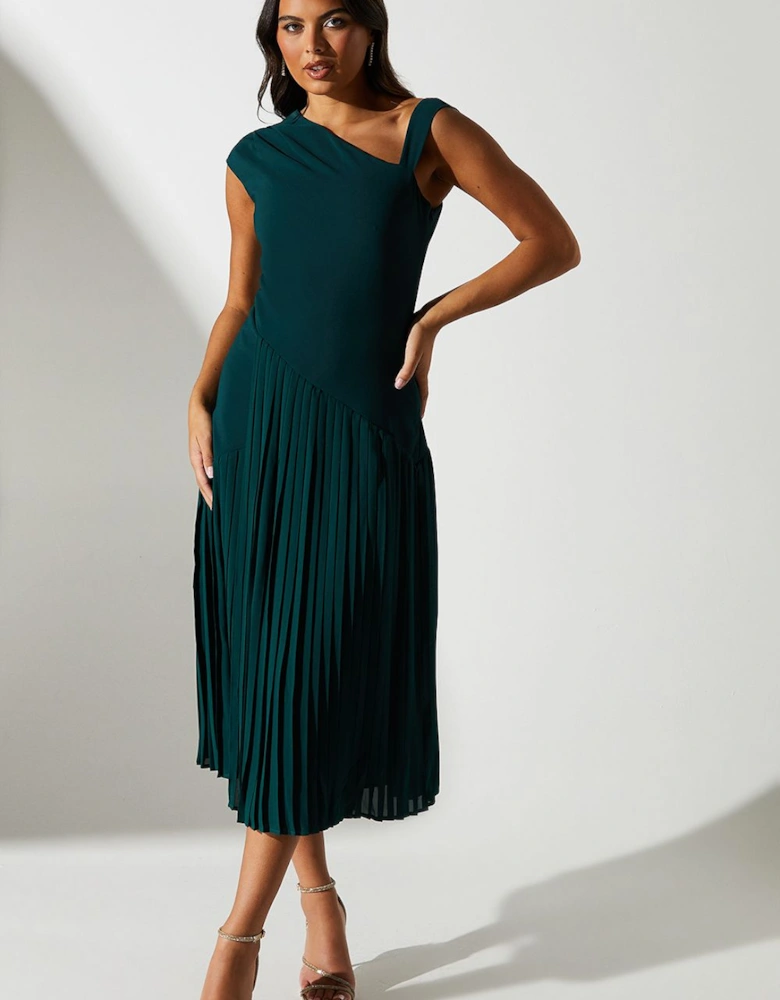 Panelled  Bodice Pleated Skirt Midi Dress