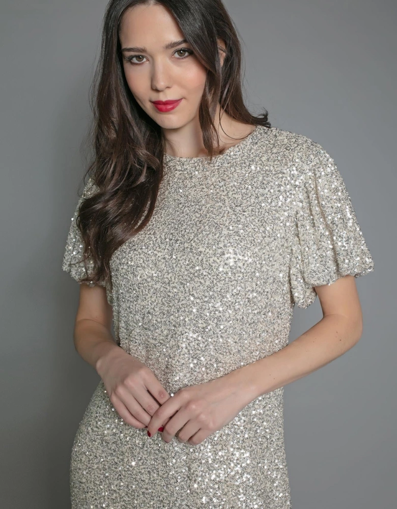 DUSTY SEQUIN T SHIRT DRESS IN GOLD