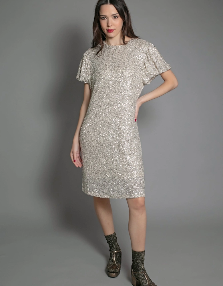 DUSTY SEQUIN T SHIRT DRESS IN GOLD