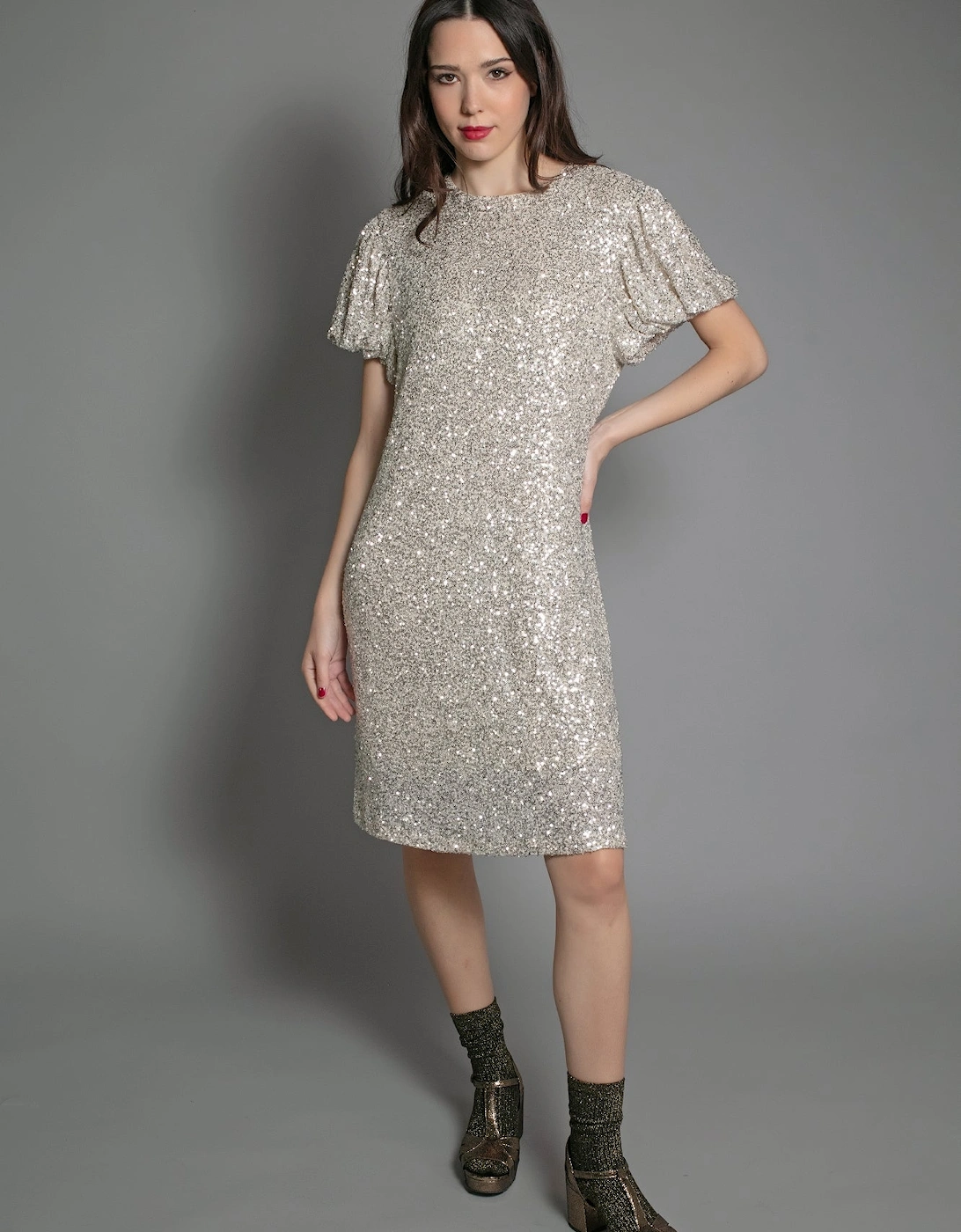 DUSTY SEQUIN T SHIRT DRESS IN GOLD, 4 of 3