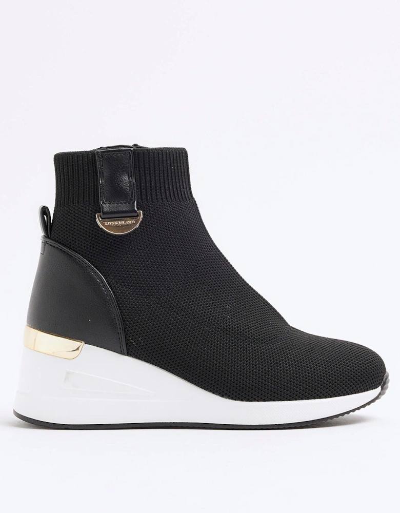 Older Girl High Top Knit Wedge Trainers - Black