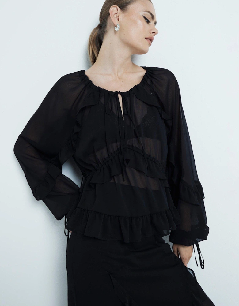 Chiffon Ruffle Tie Detail Blouse - Black