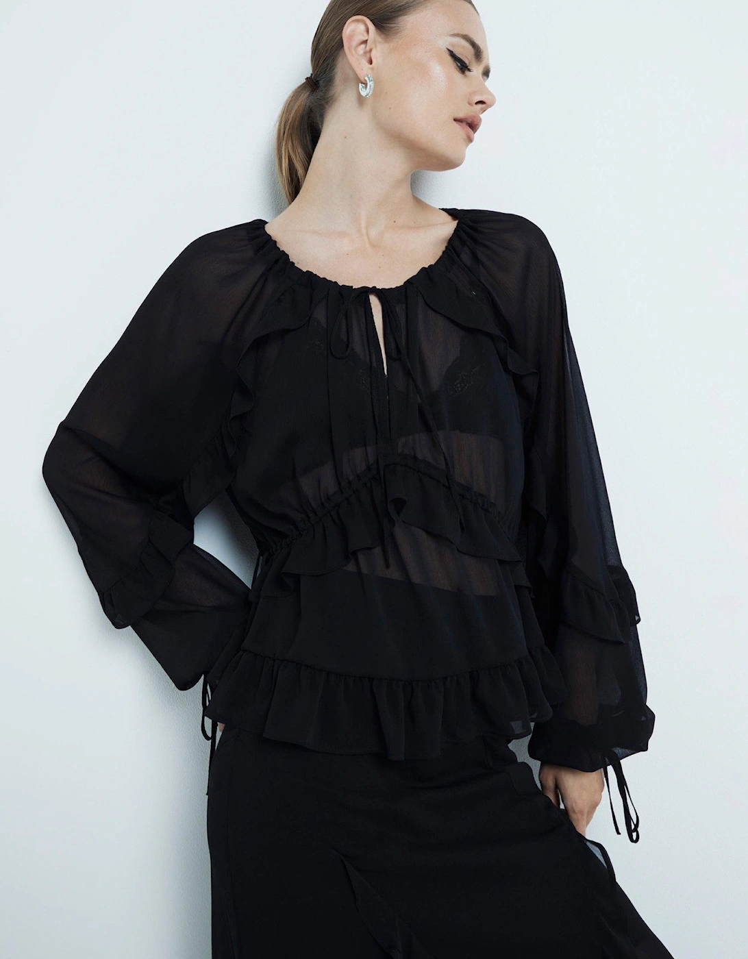 Chiffon Ruffle Tie Detail Blouse - Black, 5 of 4