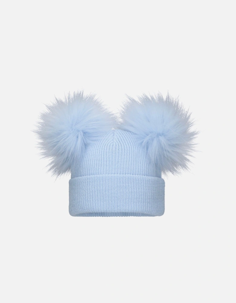 Blue Fine Knit Double Pom Hat