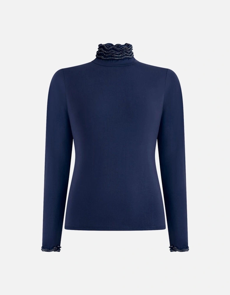 Ruffle Neck Navy Top