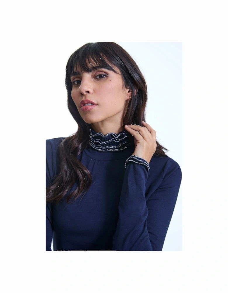 Ruffle Neck Navy Top