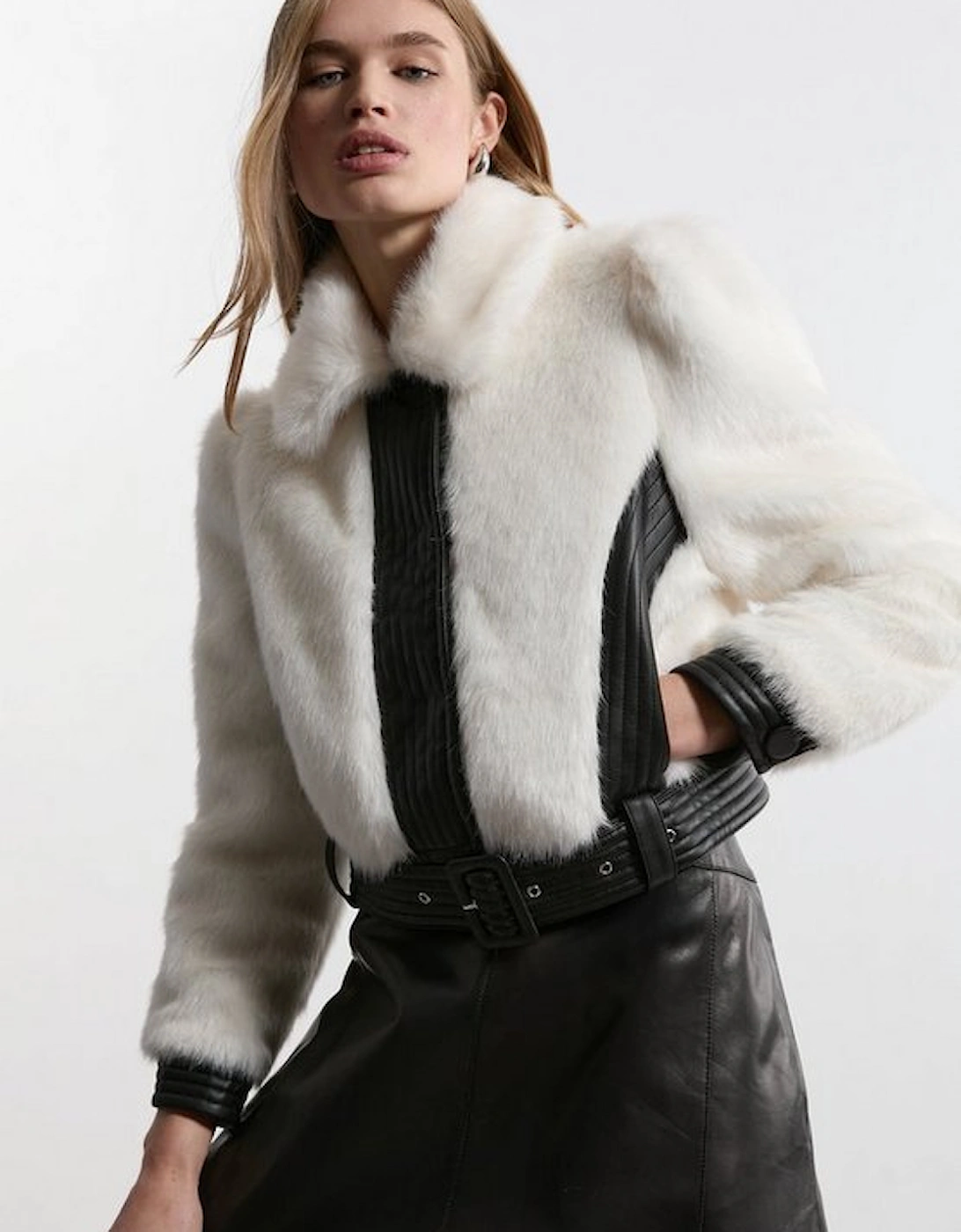 Petite Faux Fur Pu Panelled Belted Cropped Jacket, 5 of 4