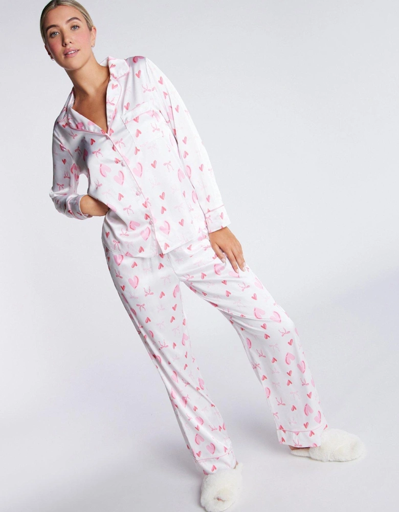 Satin Printed Long Sleeve & Pant Revere Set - Dusky Pink