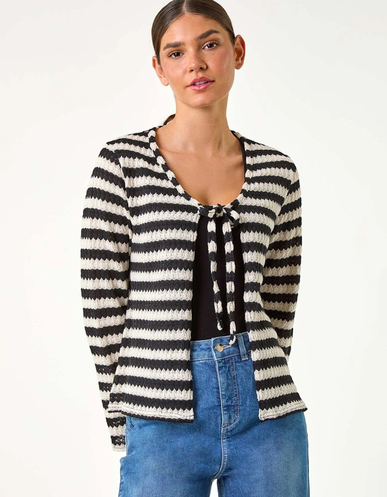 Striped Print Tie Detail Cardigan - Black