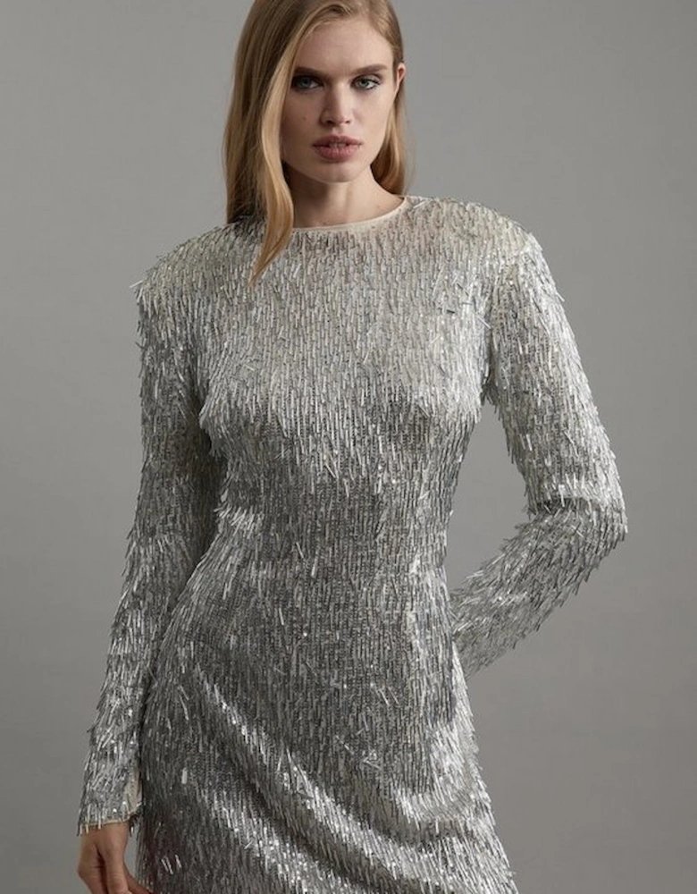 Sequin Strong Shoulder Cut Out Back Woven Mini Dress