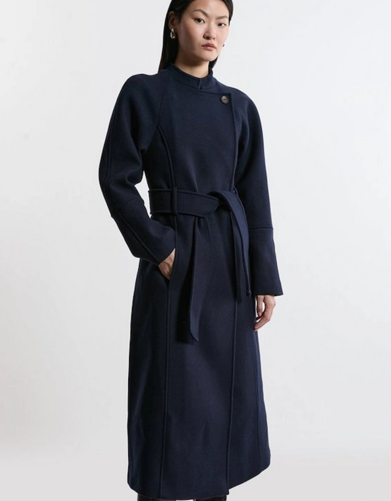 Premium Italian Manteco Wool Collarless Belted Tailored Maxi Coat