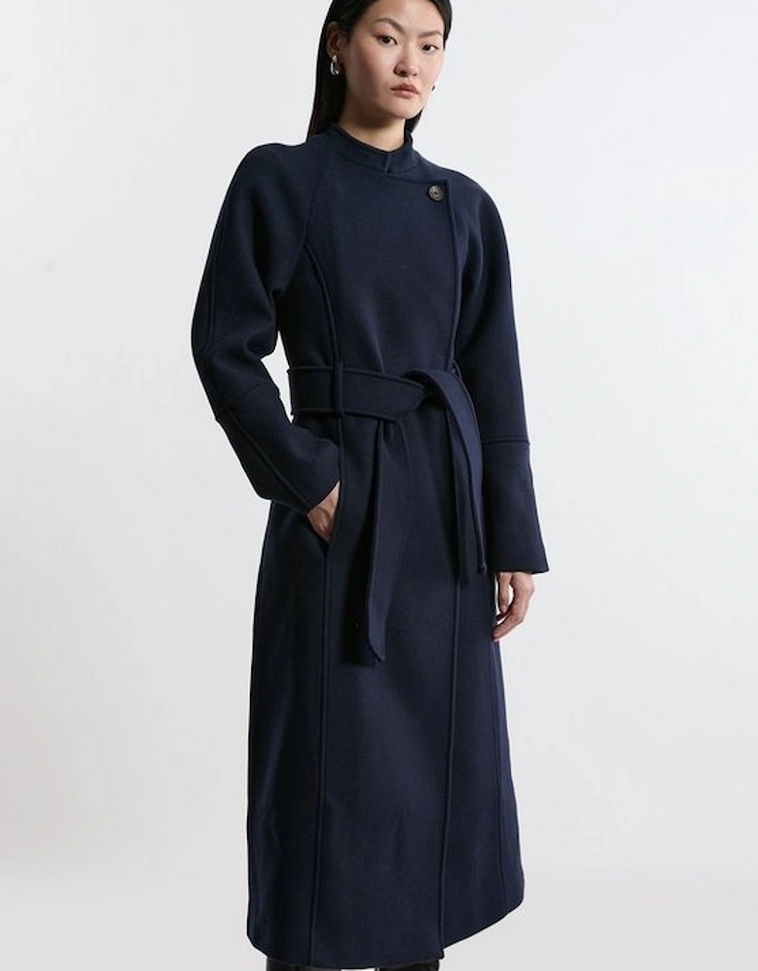 Premium Italian Manteco Wool Collarless Belted Tailored Maxi Coat, 5 of 4