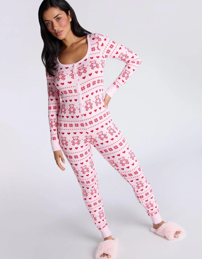 Rib Bear Fairisle Long Sleeve All-in-One - Pink Mix