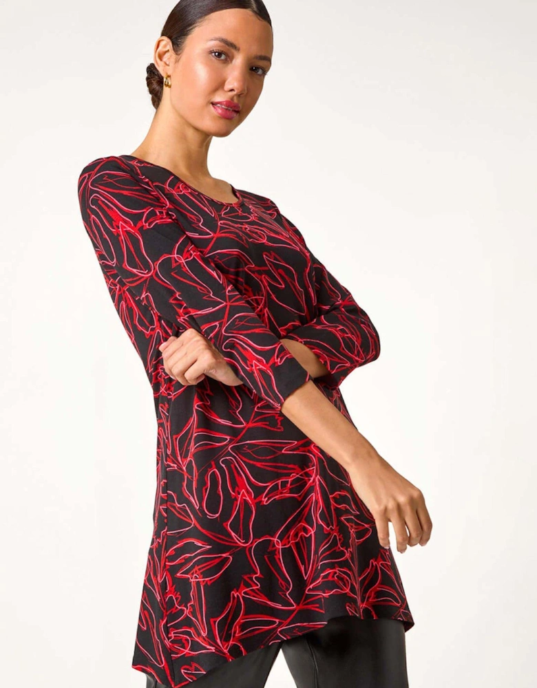 Leaf Print Stretch Tunic Top - Red