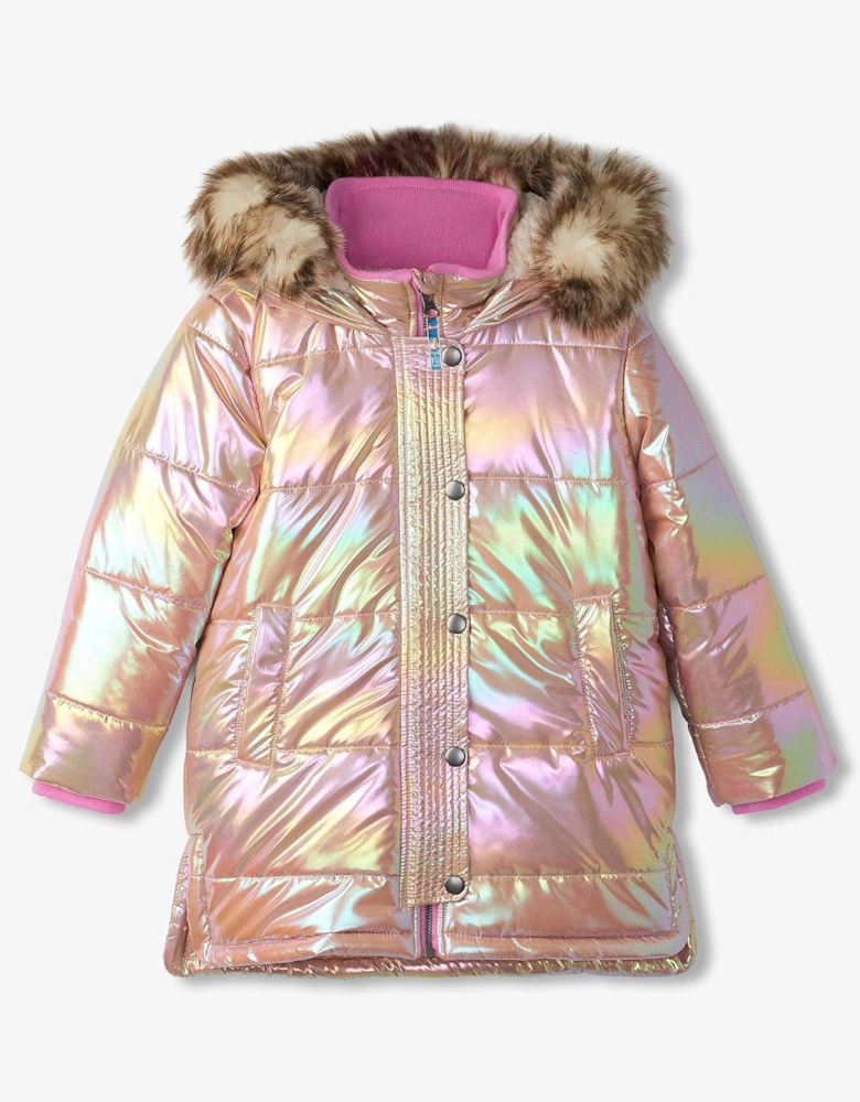 Girls 3/4 Length Sherpa Lined Irridescent Parka Coat - Pink