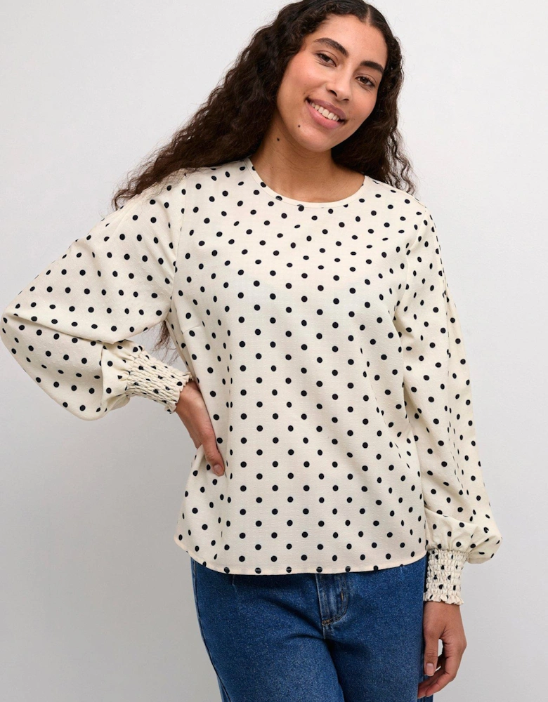 Kaoscarna Round Neck Polka Dot Blouse - White