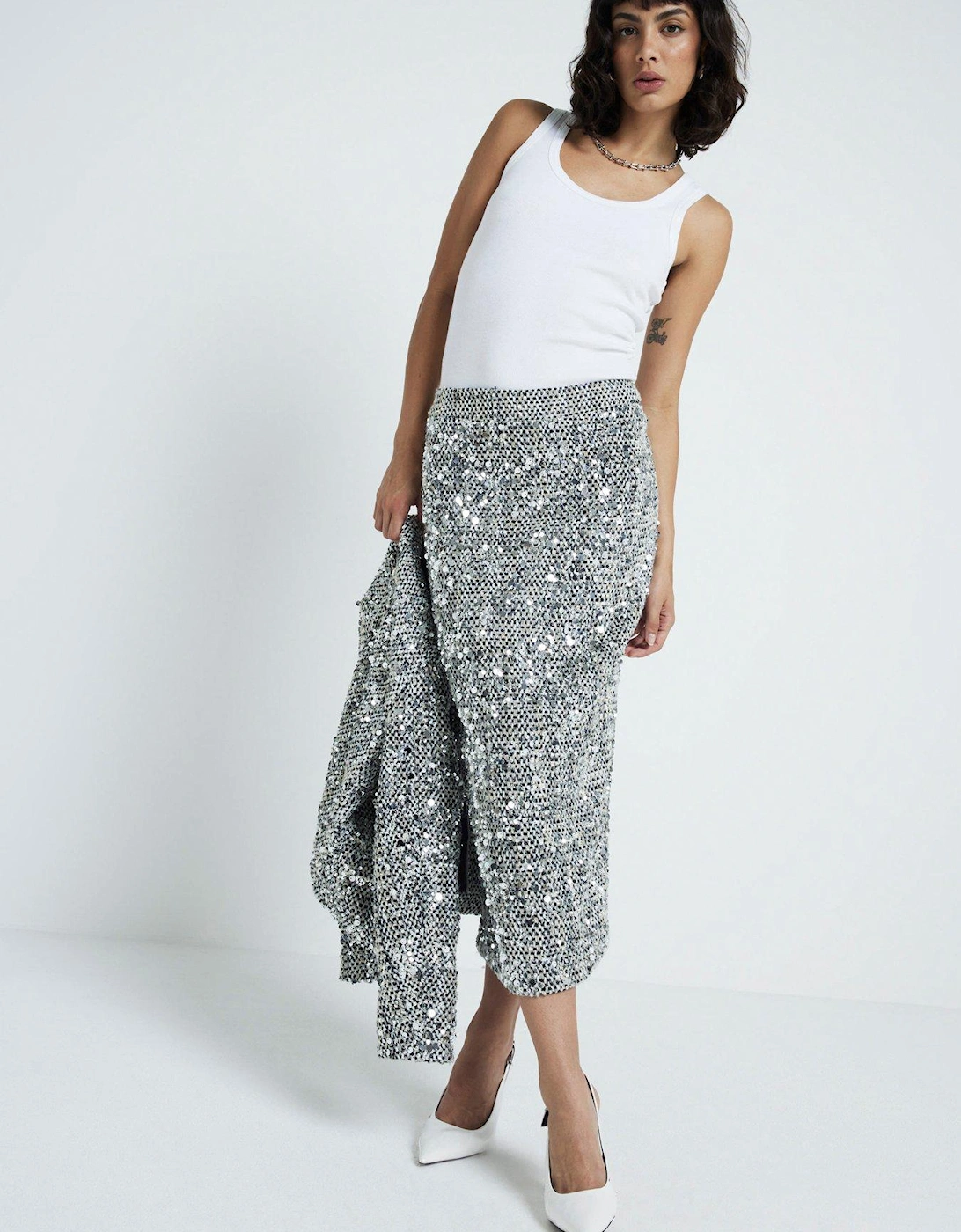 Boucle Sparkle Pencil Skirt - Silver, 6 of 5