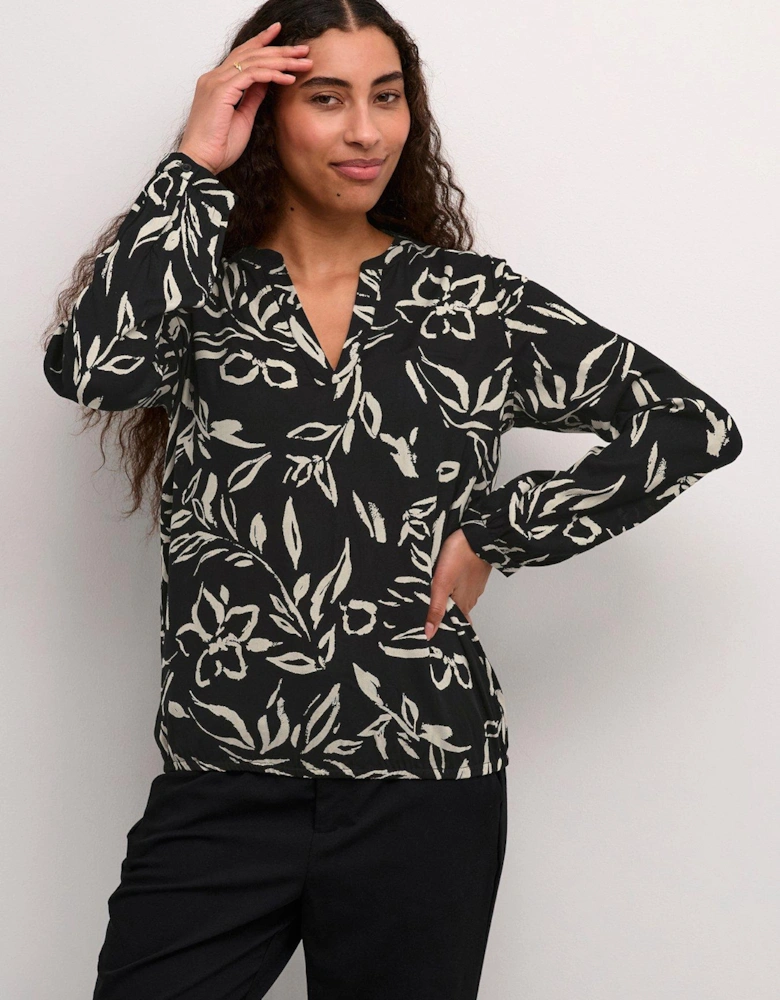 Kaditte V-Notch Neck Elastic Hem Blouse - Black