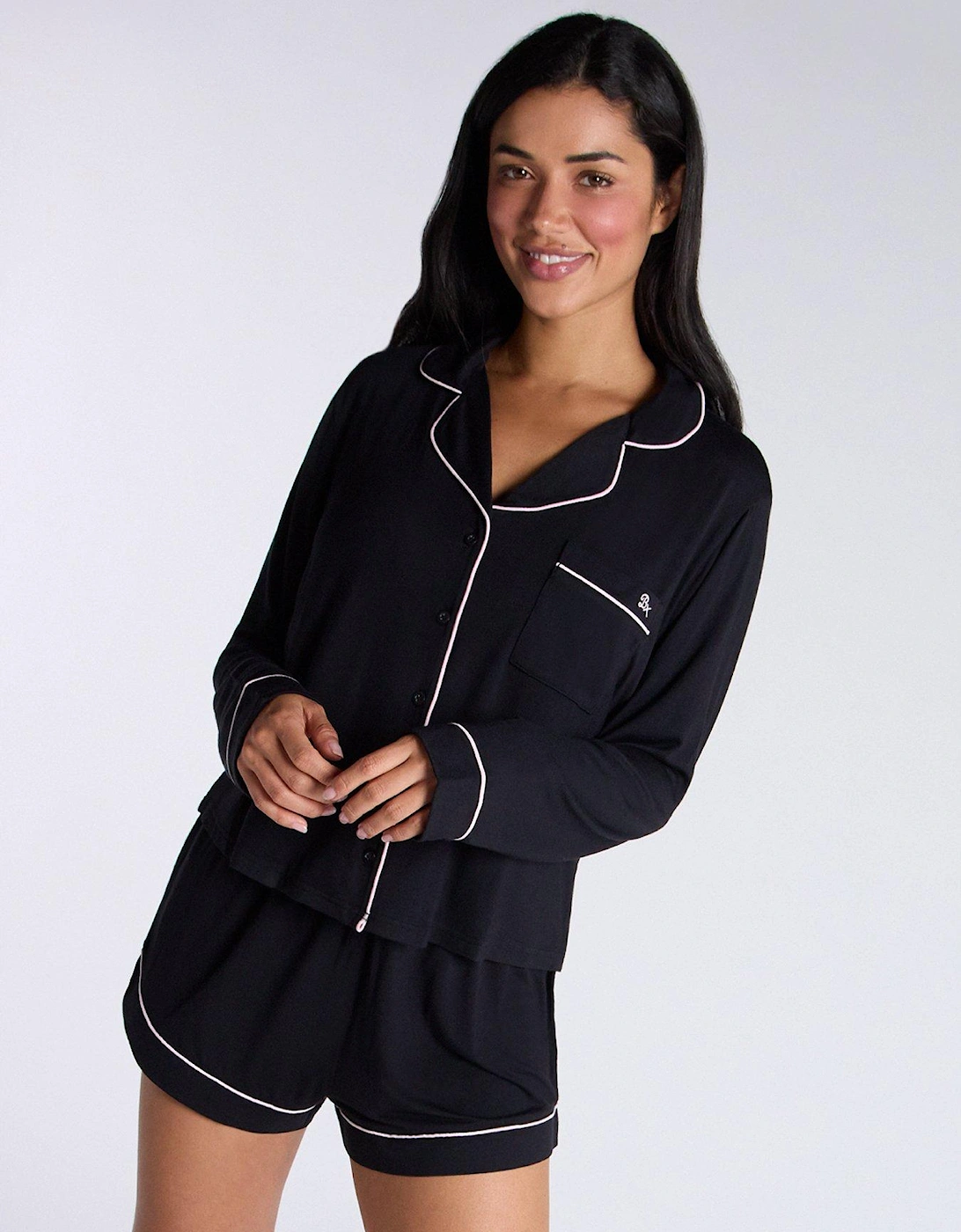 Modal Long Sleeve Revere & Short Pj Set - Black, 2 of 1