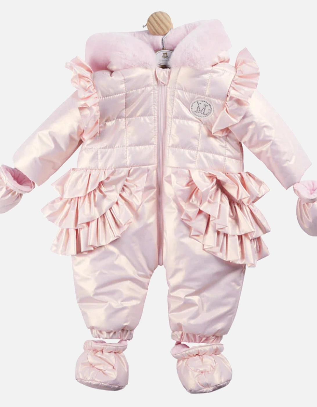 Pink Shiny Frill Padded Snowsuit, 3 of 2