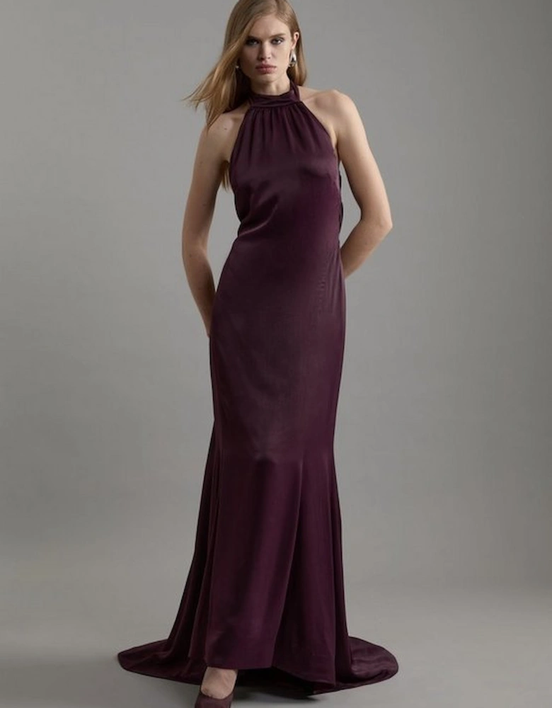 Premium Satin Halter Neck Tailored Maxi Dress