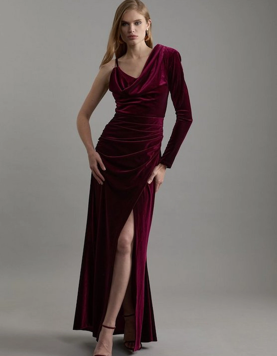 Velvet Asymmetric One Shoulder Tailored Maxi Dress, 5 of 4