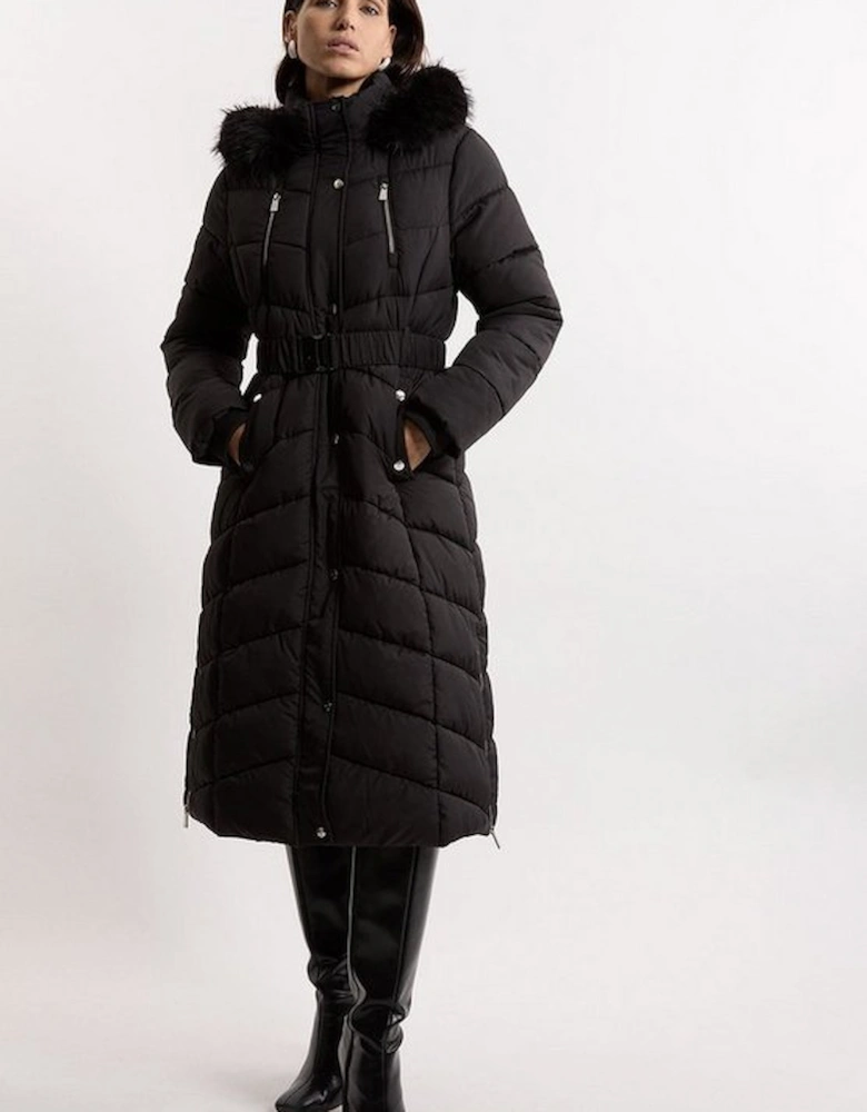 Faux Down Padded Belted Hooded Puffer Coat