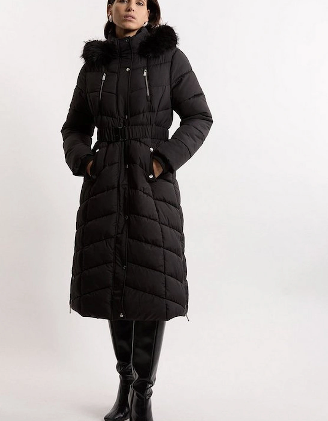 Faux Down Padded Belted Hooded Puffer Coat, 5 of 4