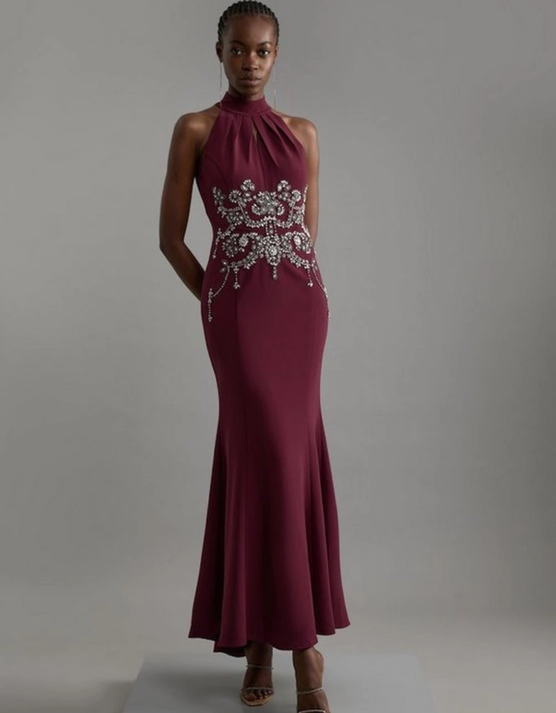 Crystal Embellished Halter Maxi Dress