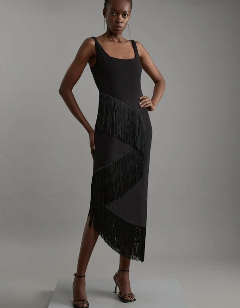 Fringe Tassel Drape Tailored Pencil Midi Dress