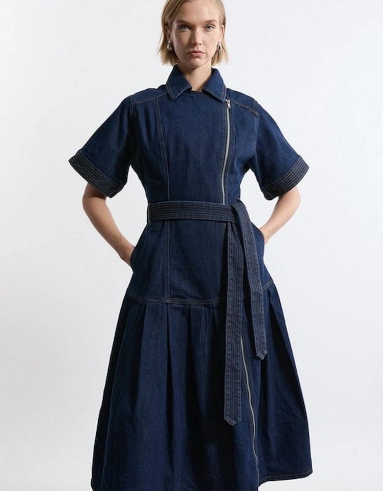 Petite Denim Pleated Hem Biker Dress