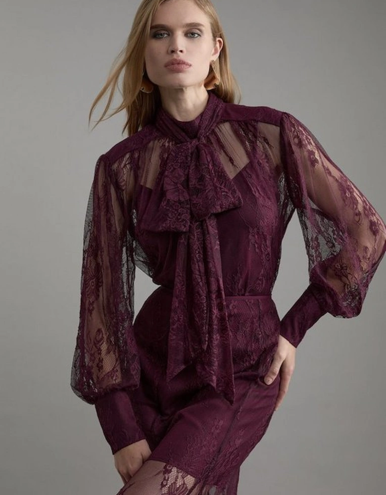 Tall Sheer Lace Balloon Sleeve Bow Detail Blouse