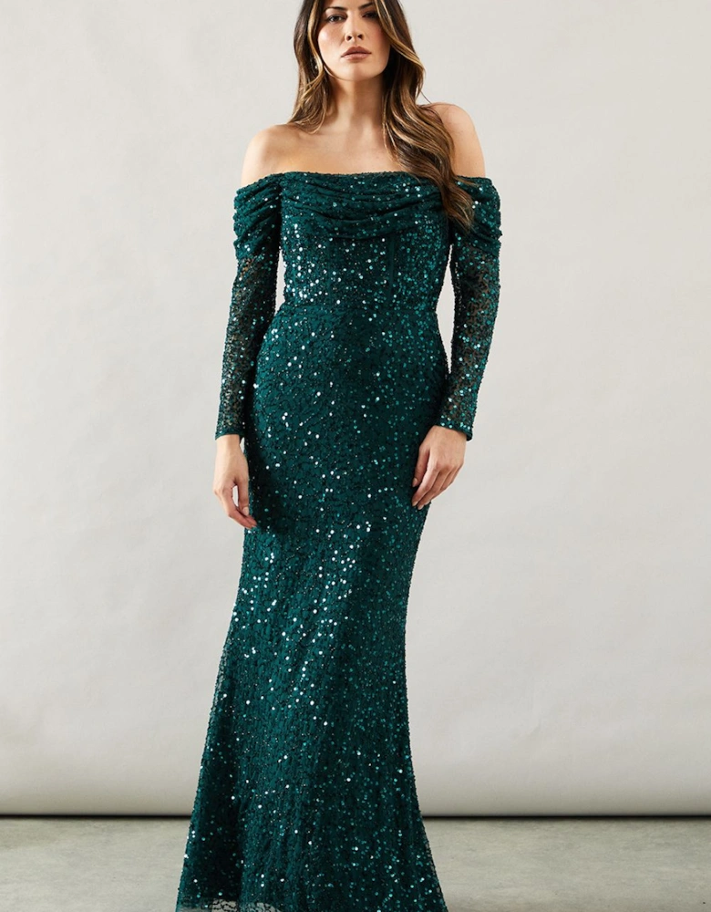 Draped Bardot Sequin Long Sleeve Maxi Dress