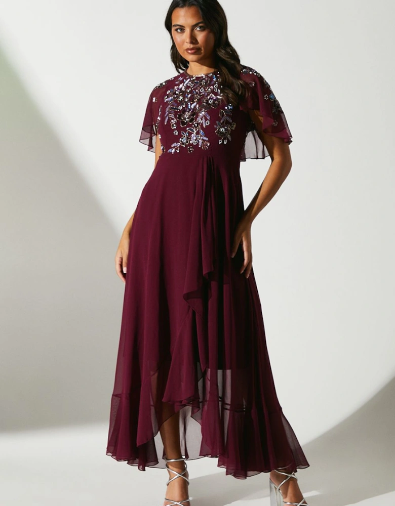 Hand Embellished Sequin Wrap Midi Wedding Guest Dress With Cape Back