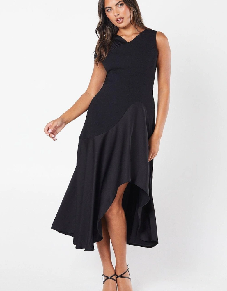 Ruched Shoulder Drape Skirt Crepe Midi Wedding Guest Dress