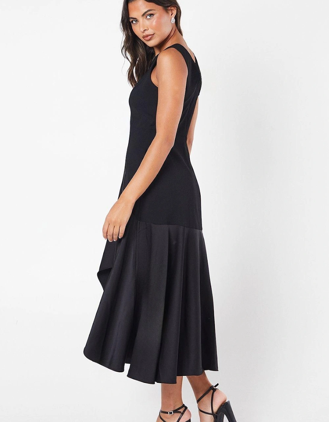 Ruched Shoulder Drape Skirt Crepe Midi Wedding Guest Dress