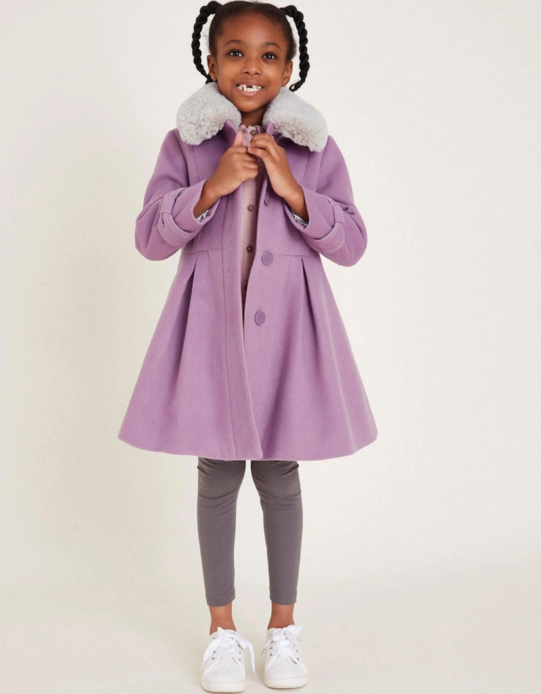 Girls Faux Fur Collar Trim Coat - Purple