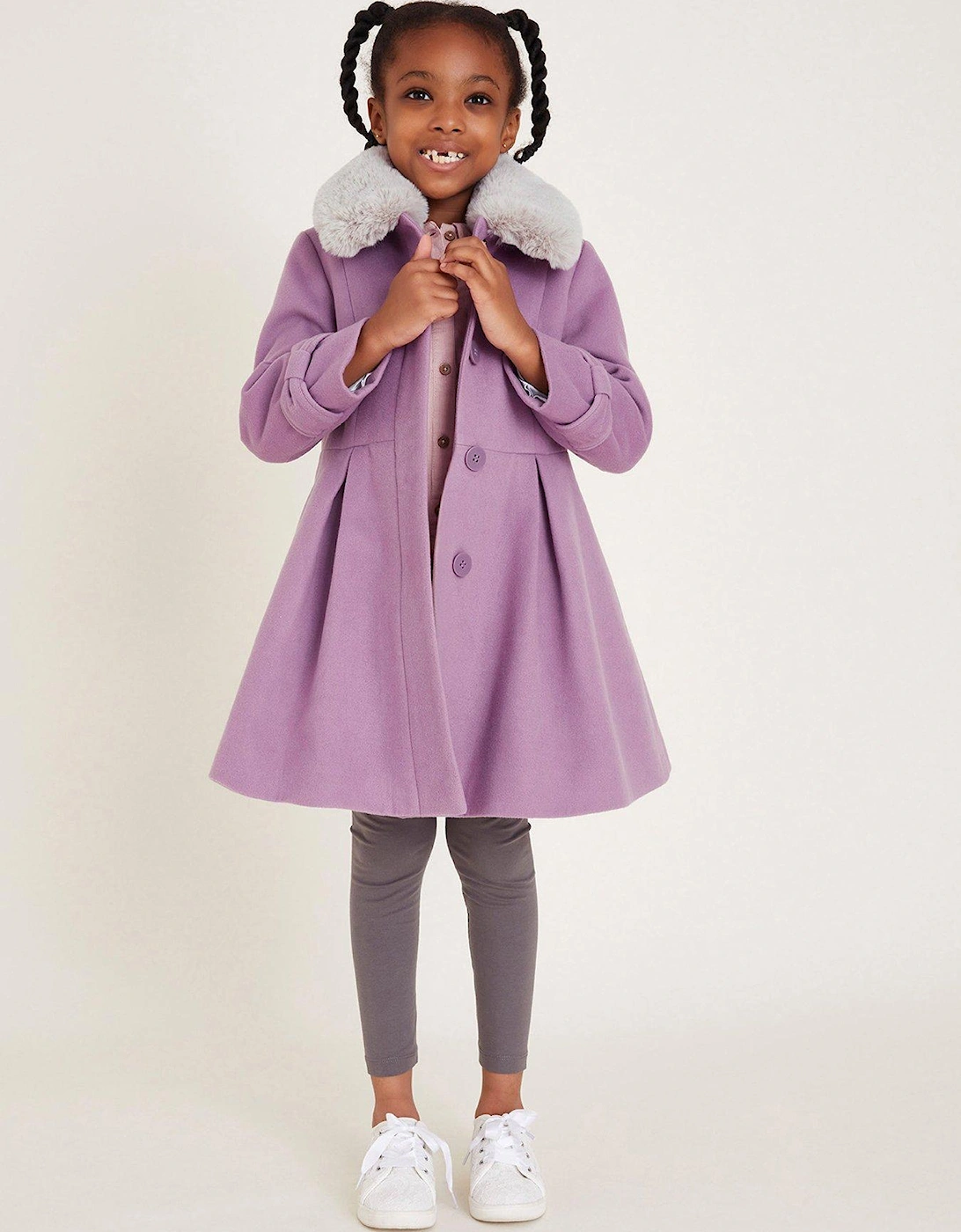 Girls Faux Fur Collar Trim Coat - Purple, 2 of 1