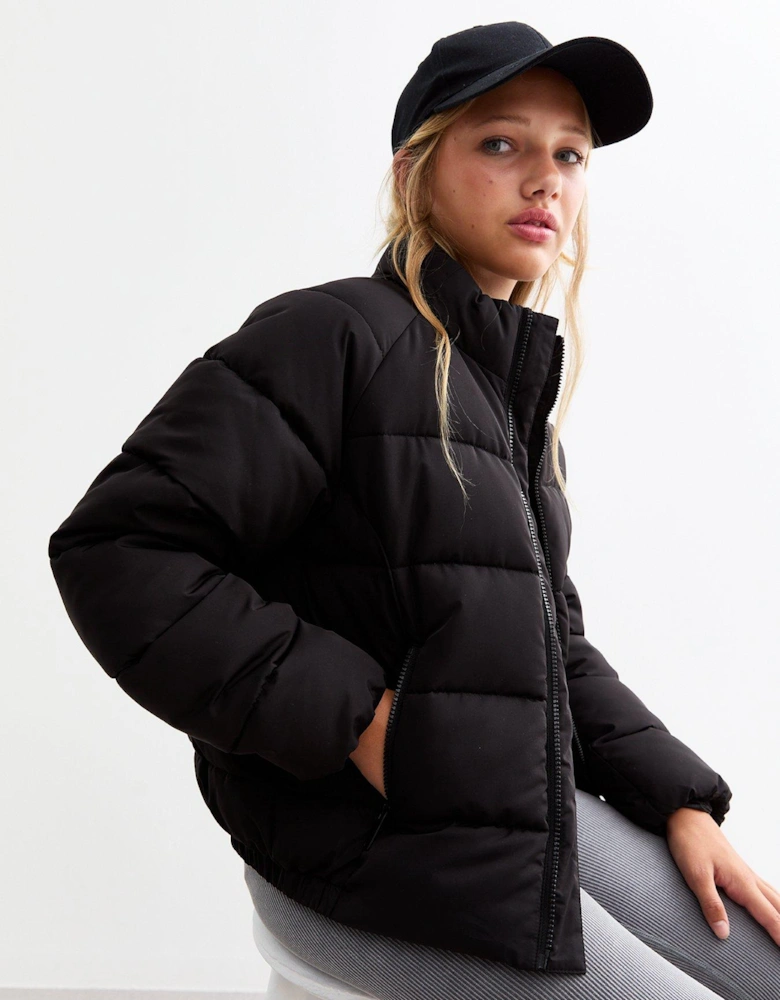 Girls Black Funnel Neck Padded Jacket